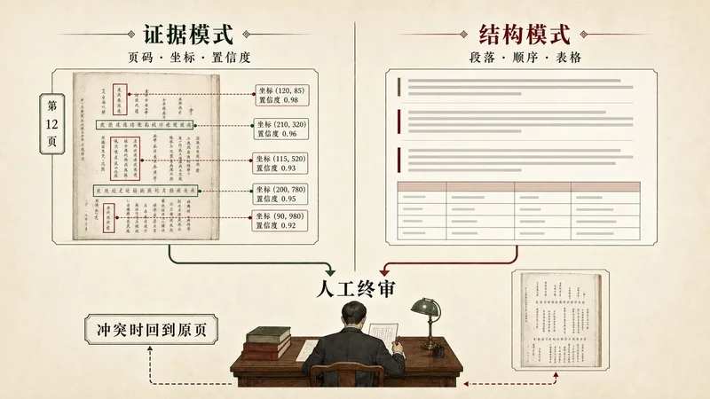 证据模式与结构模式分开保存,冲突时回到原页人工终审