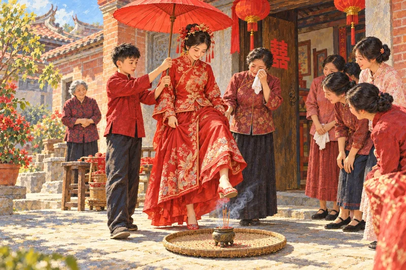 新娘撑着红伞跨过米筛火炉（AI 绘制插画）
