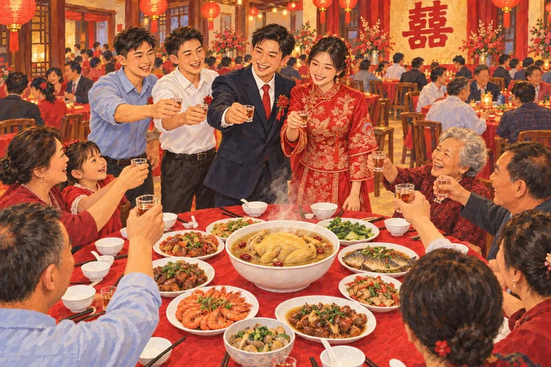 喜宴上新人挨桌敬酒，整鸡刚端上桌（AI 绘制插画）