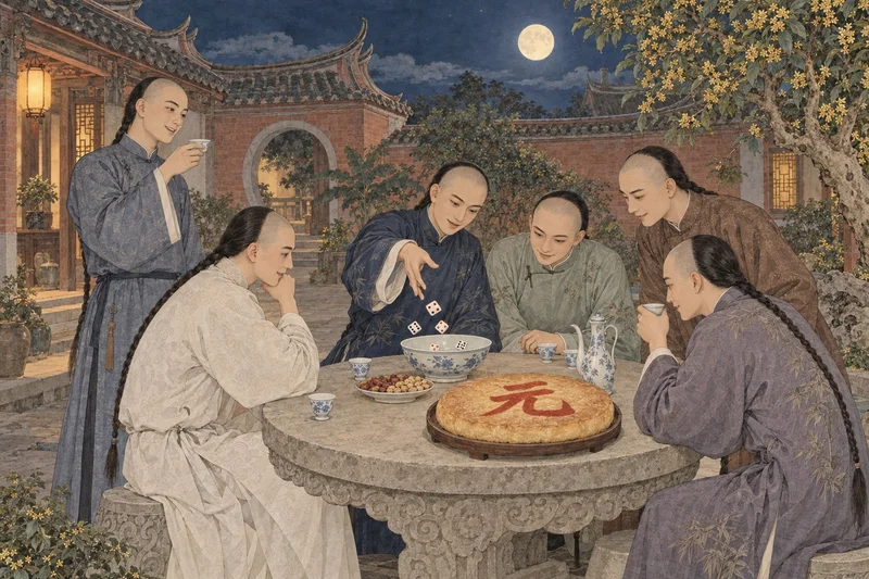 清代台湾读书人中秋夜掷骰夺「元」字饼(AI 绘制插画)