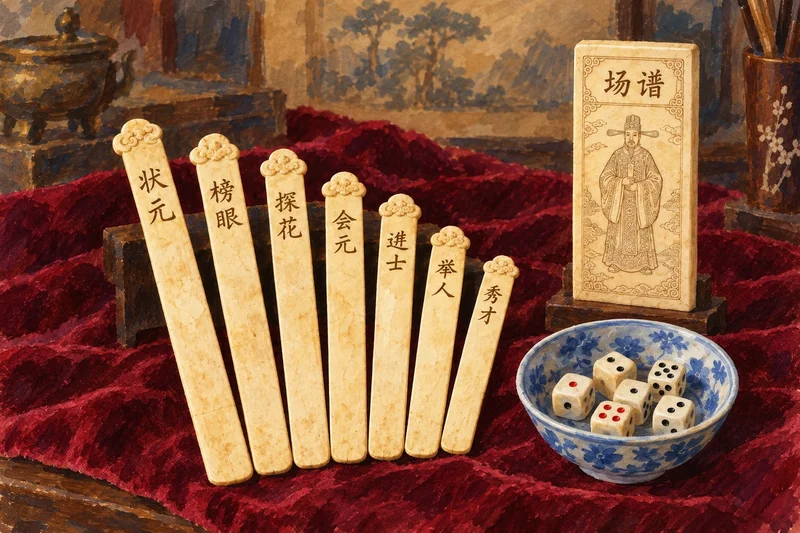 清代状元筹与刻着规则的「场谱」牌(AI 绘制插画)