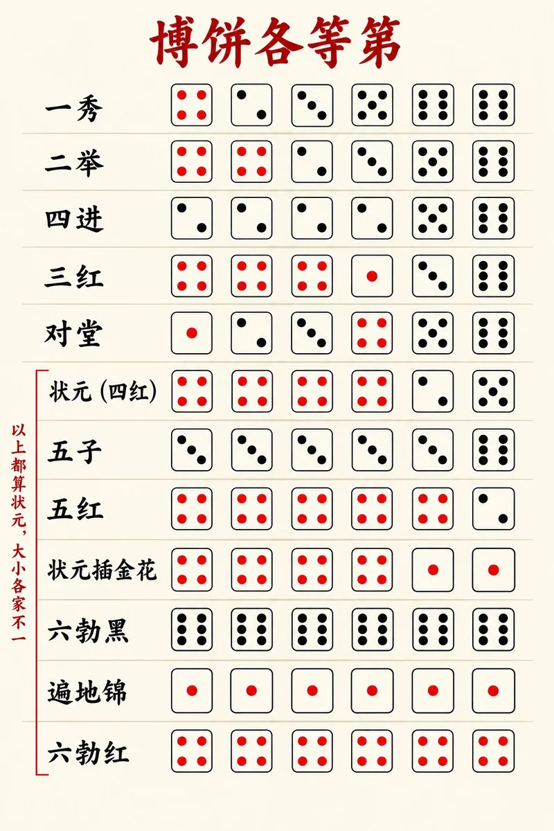 博饼各等第的骰子样子(AI 绘制插画)