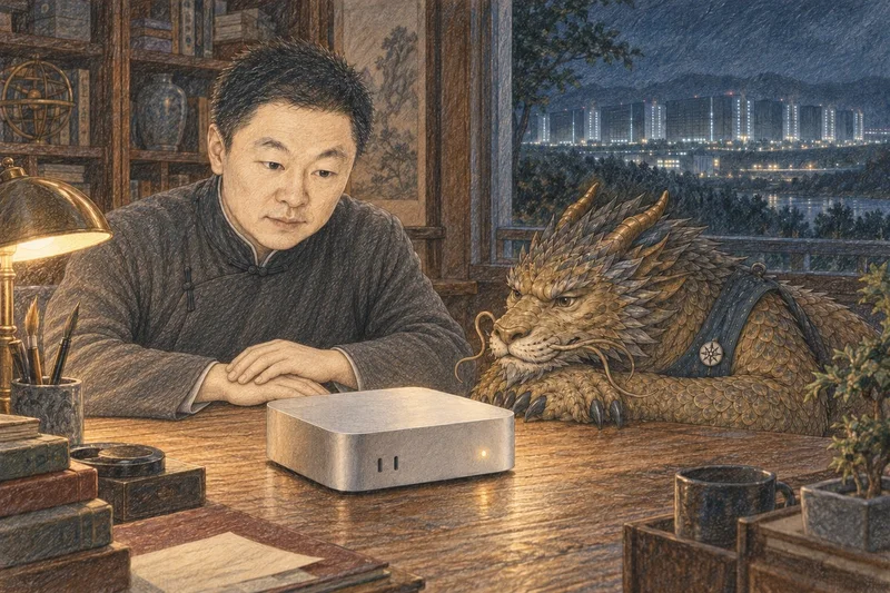 夜里家中书桌，主任和酷达守着那台小主机，窗外远处是灯火通明的大机房（AI 绘制插画）