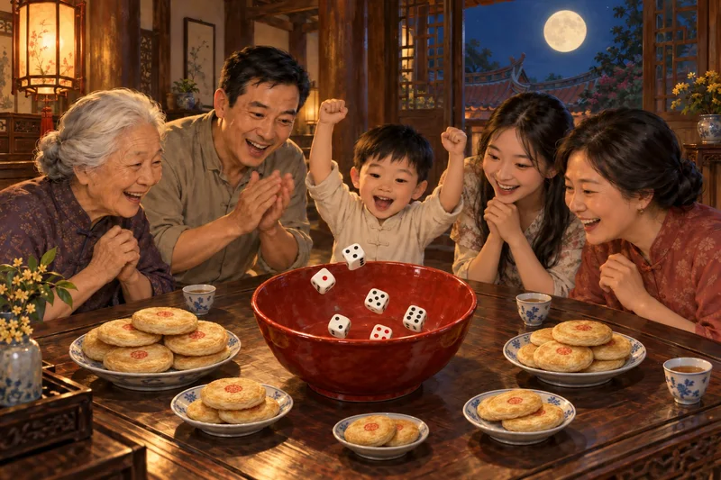 中秋夜,一桌人围着红瓷大碗博饼(AI 绘制插画)
