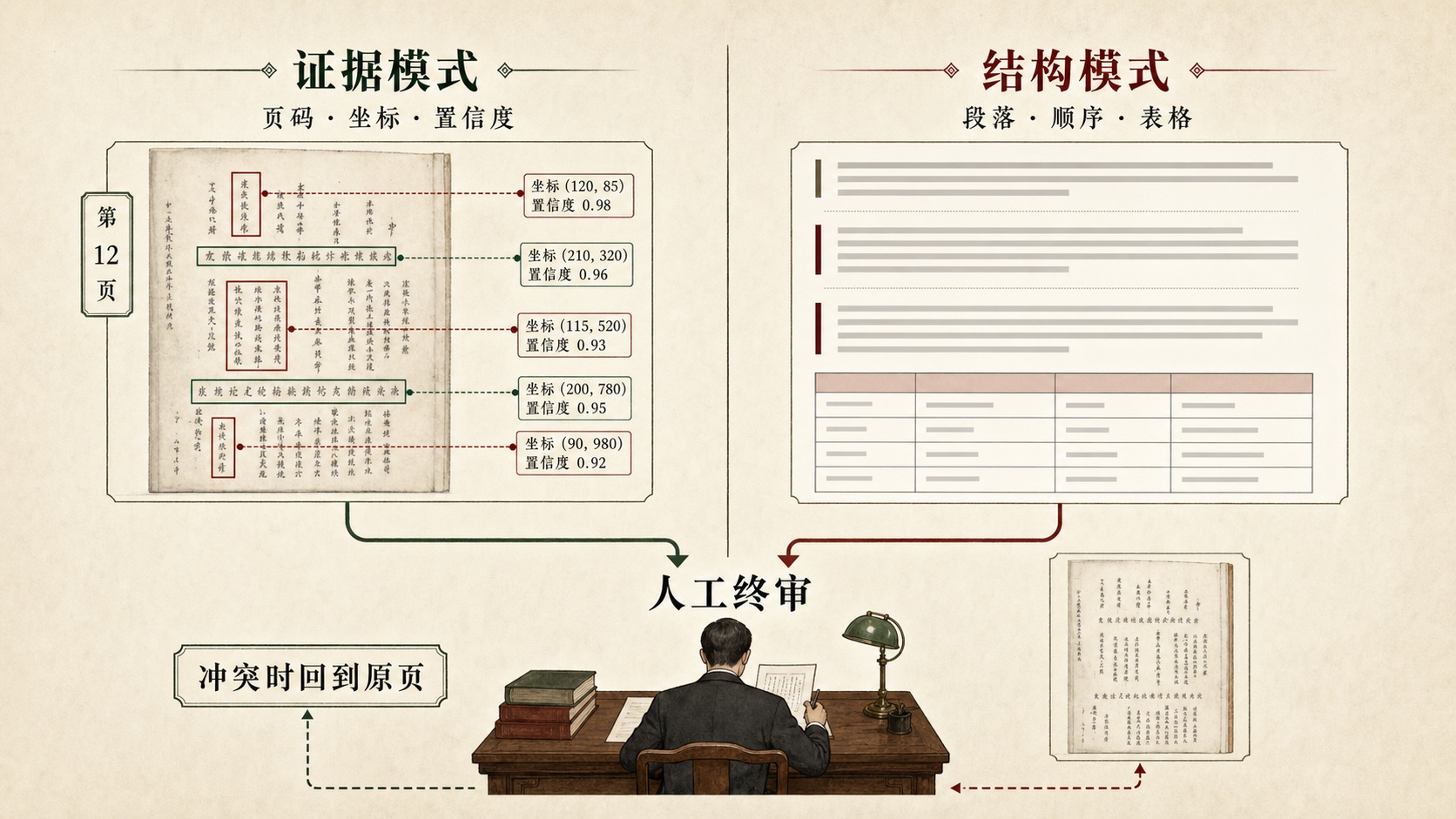 证据模式与结构模式分开保存，冲突时回到原页人工终审