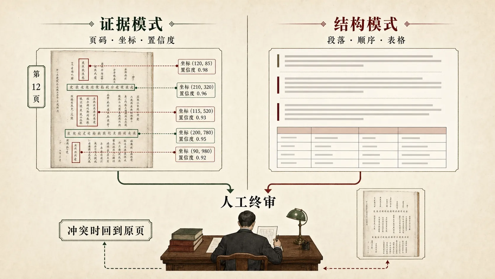 证据模式与结构模式分开保存，冲突时回到原页人工终审